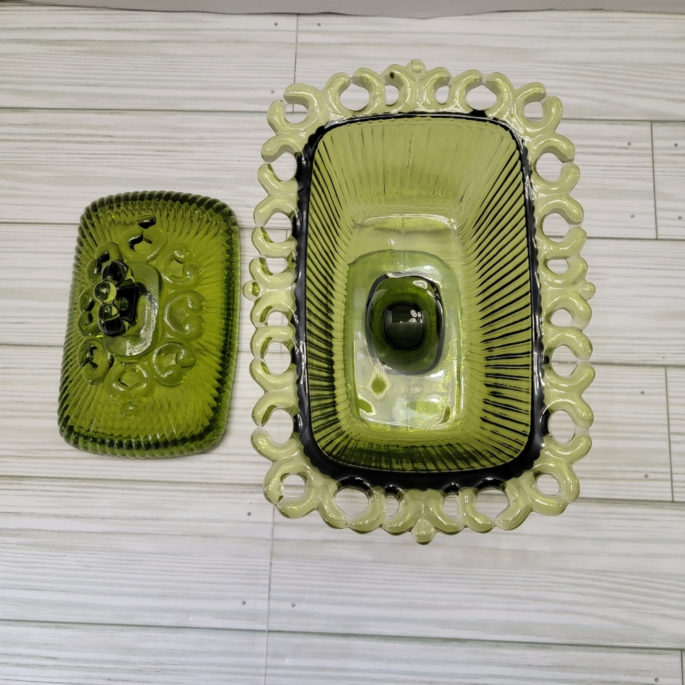Indiana Glass Open Lace Edge Pedestal Candy Dush Avocado Green With Lid VTG - Picture 8 of 14